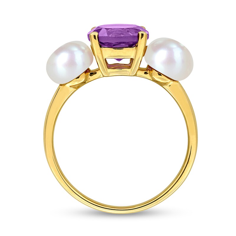 Main Image 3 of 6.0-6.5mm Button Freshwater Cultured Pearl and Amethyst Three Stone Ring in 10K Gold