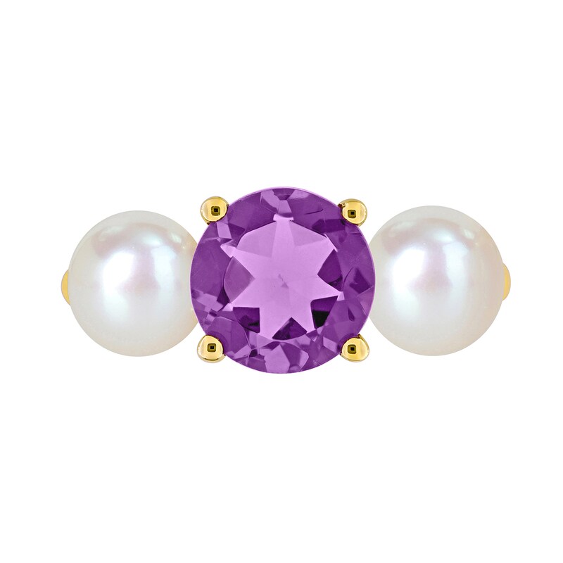 Main Image 4 of 6.0-6.5mm Button Freshwater Cultured Pearl and Amethyst Three Stone Ring in 10K Gold
