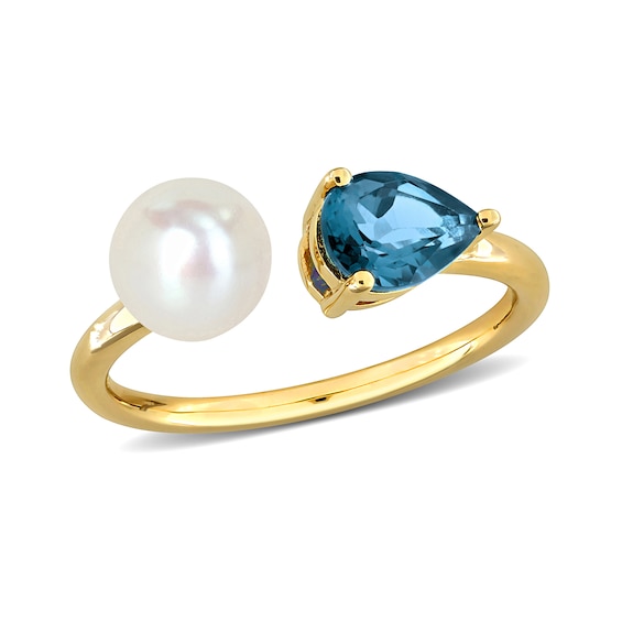 6.0-6.5mm Freshwater Cultured Pearl and Pear-Shaped London Blue Topaz Open Shank Ring in 10K Gold