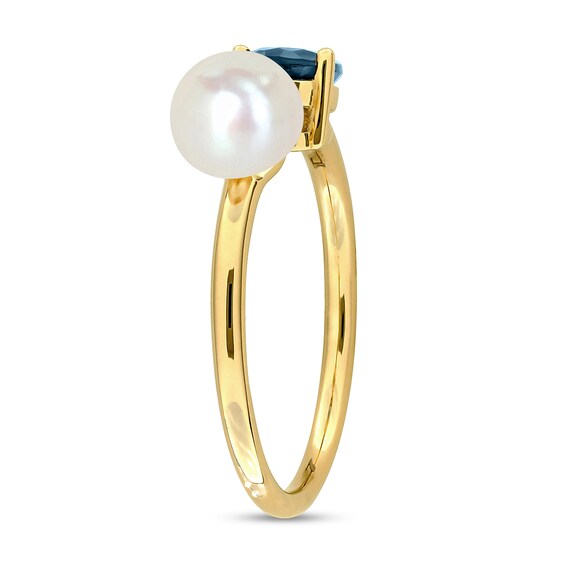 6.0-6.5mm Freshwater Cultured Pearl and Pear-Shaped London Blue Topaz Open Shank Ring in 10K Gold