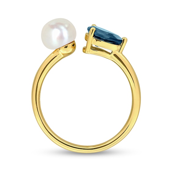 6.0-6.5mm Freshwater Cultured Pearl and Pear-Shaped London Blue Topaz Open Shank Ring in 10K Gold