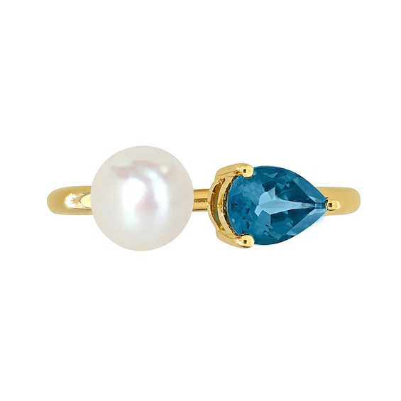 6.0-6.5mm Freshwater Cultured Pearl and Pear-Shaped London Blue Topaz Open Shank Ring in 10K Gold