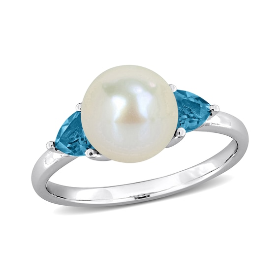 8.0-8.5mm Button Freshwater Cultured Pearl and Trillion-Cut London Blue Topaz Three Stone Ring 10K White Gold