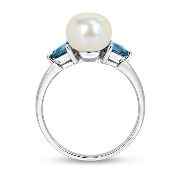 8.0-8.5mm Button Freshwater Cultured Pearl and Trillion-Cut London Blue Topaz Three Stone Ring 10K White Gold