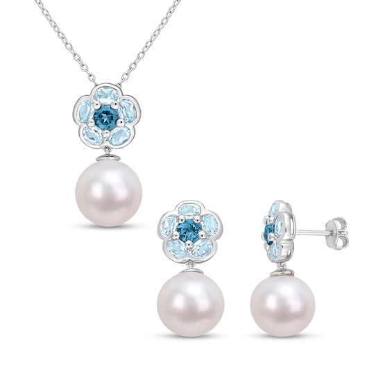 Freshwater Cultured Pearl with Sky and London Blue Topaz Flower Drop Pendant and Earrings Set in Sterling Silver