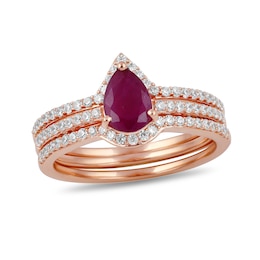 Pear-Shaped Certified Ruby and 1/3 CT. T.W. Diamond Three-Piece Wedding Ring Set in 10K Rose Gold