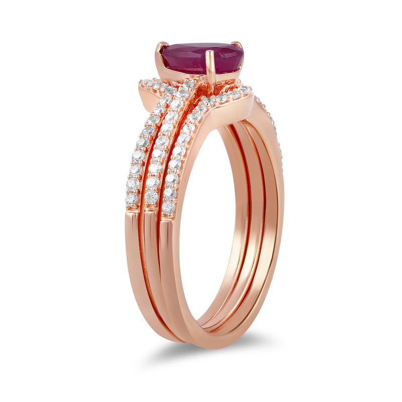 Main Image 2 of Pear-Shaped Certified Ruby and 1/3 CT. T.W. Diamond Three-Piece Wedding Ring Set in 10K Rose Gold