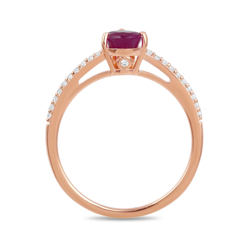 Main Image 3 of Pear-Shaped Certified Ruby and 1/3 CT. T.W. Diamond Three-Piece Wedding Ring Set in 10K Rose Gold