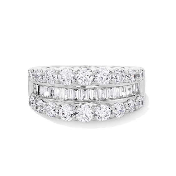 2 CT. T.w. Baguette and Round Diamond Graduated Triple Row Anniversary Band in 14K White Gold