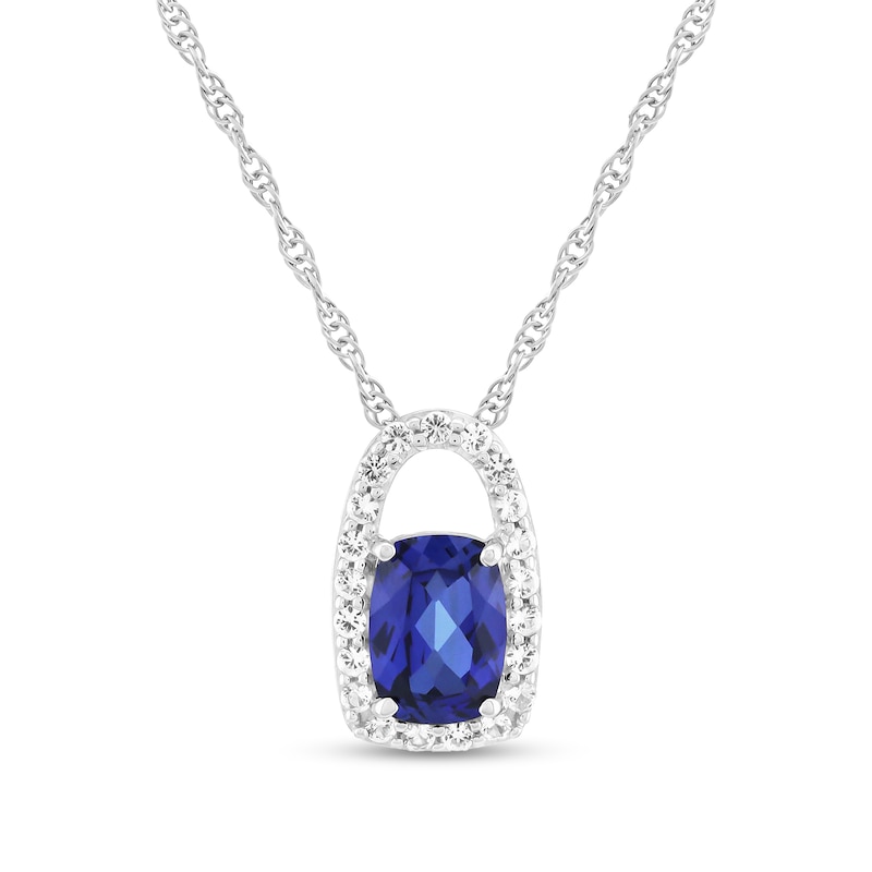 Main Image 1 of Elongated Cushion-Cut Blue and White Lab-Created Sapphire Open Frame Pendant in Sterling Silver