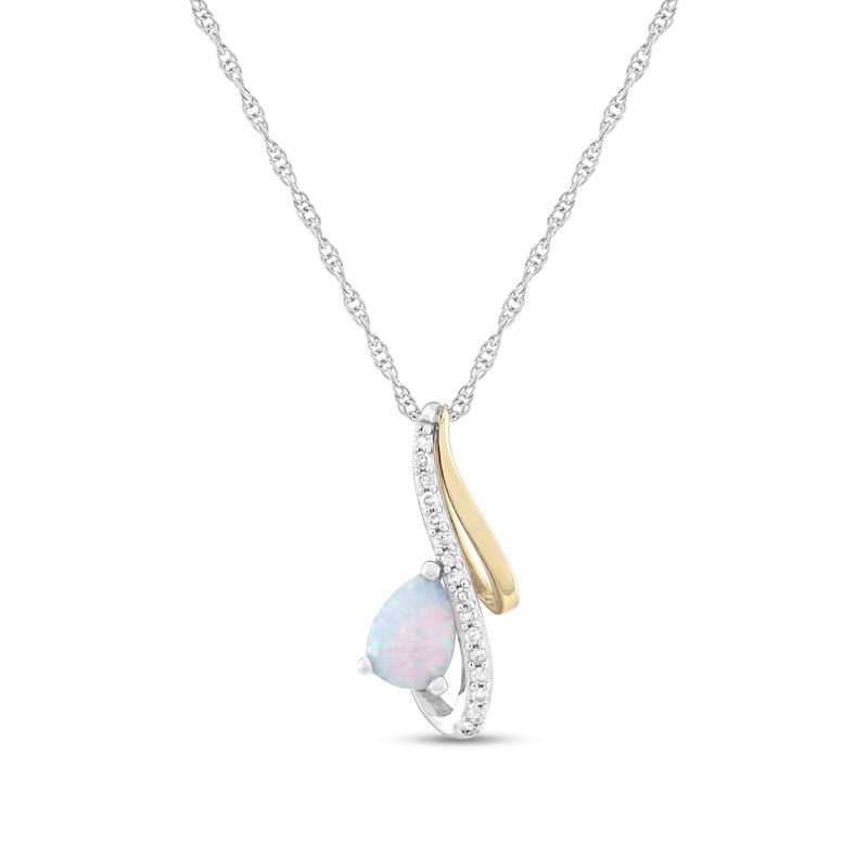 Main Image 1 of Pear-Shaped Lab-Created Opal and 1/15 CT. T.W. Diamond Split Ribbon Pendant in Sterling Silver and 10K Gold