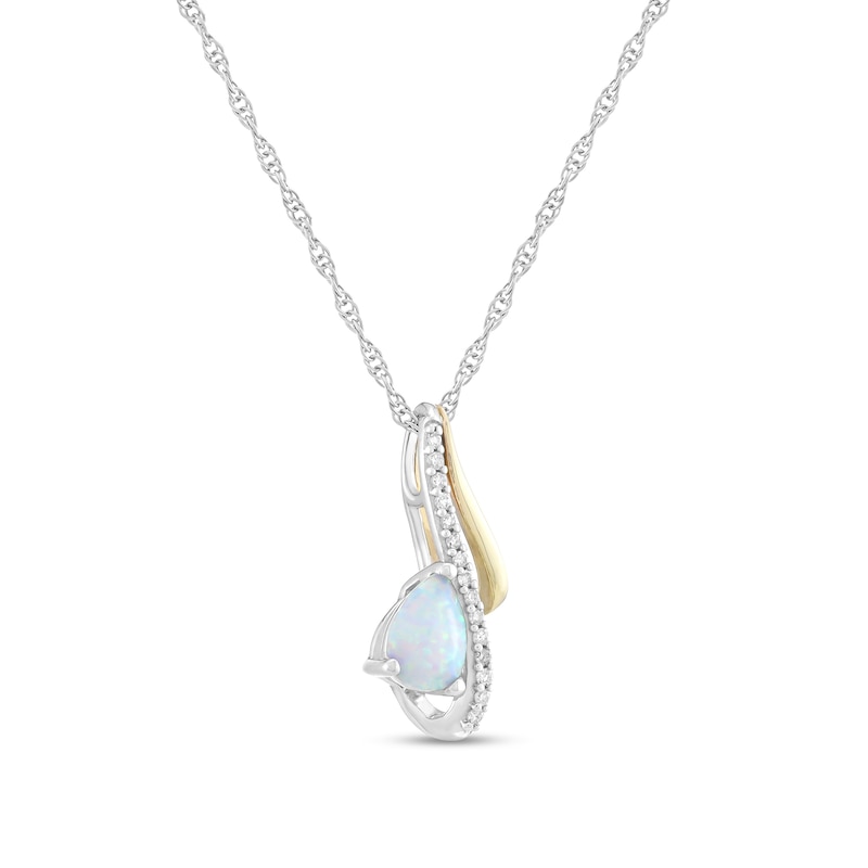 Main Image 2 of Pear-Shaped Lab-Created Opal and 1/15 CT. T.W. Diamond Split Ribbon Pendant in Sterling Silver and 10K Gold