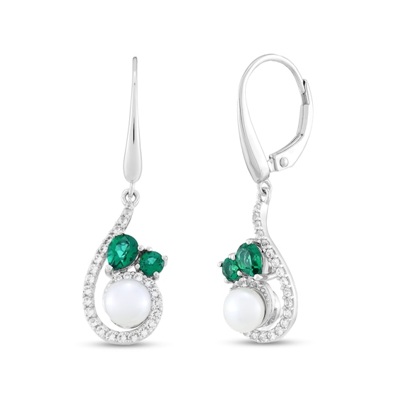 Freshwater Cultured Pearl and Lab-Created Emerald with White Lab-Created Sapphire Swirl Drop Earrings in Sterling Silver