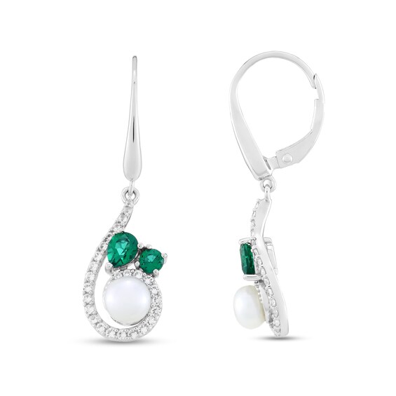 Freshwater Cultured Pearl and Lab-Created Emerald with White Lab-Created Sapphire Swirl Drop Earrings in Sterling Silver