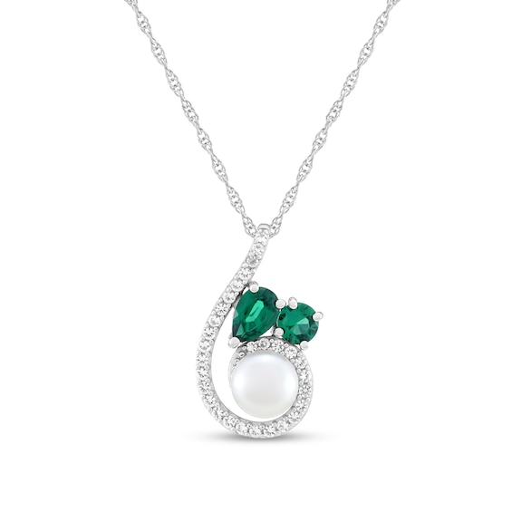 Freshwater Cultured Pearl and Lab-Created Emerald with White Lab-Created Sapphire Swirl Drop Pendant in Sterling Silver