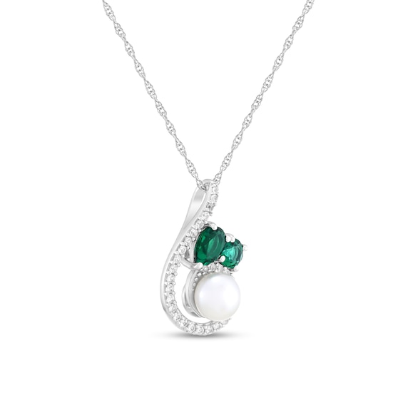 Freshwater Cultured Pearl and Lab-Created Emerald with White Lab-Created Sapphire Swirl Drop Pendant in Sterling Silver