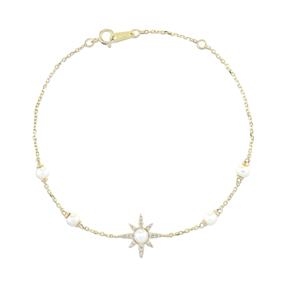 Freshwater Cultured Pearl and 1/10 CT. T.w. Diamond Star Station Bracelet in 10K Gold - 8.0"