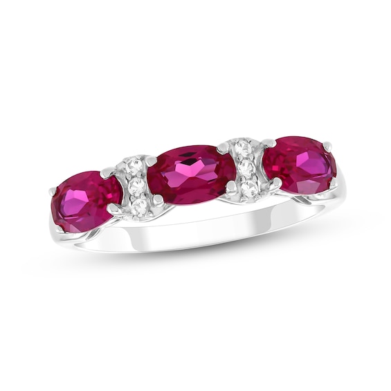 Sideways Oval Lab-Created Ruby and White Lab-Created Sapphire Three Stone Ring in Sterling Silver