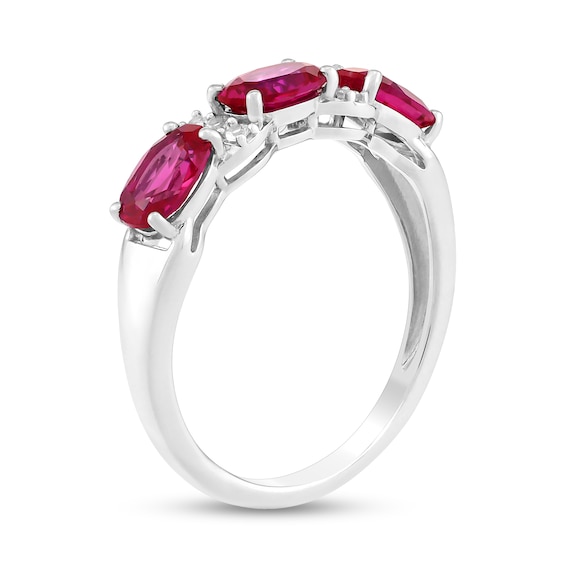 Sideways Oval Lab-Created Ruby and White Lab-Created Sapphire Three Stone Ring in Sterling Silver