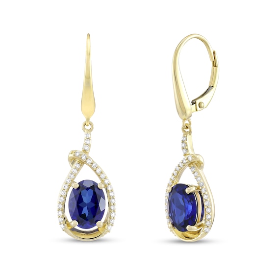 Oval Blue Lab-Created Sapphire and 1/5 CT. T.w. Diamond Open Teardrop Earrings in 10K Gold