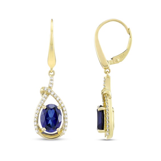 Oval Blue Lab-Created Sapphire and 1/5 CT. T.w. Diamond Open Teardrop Earrings in 10K Gold