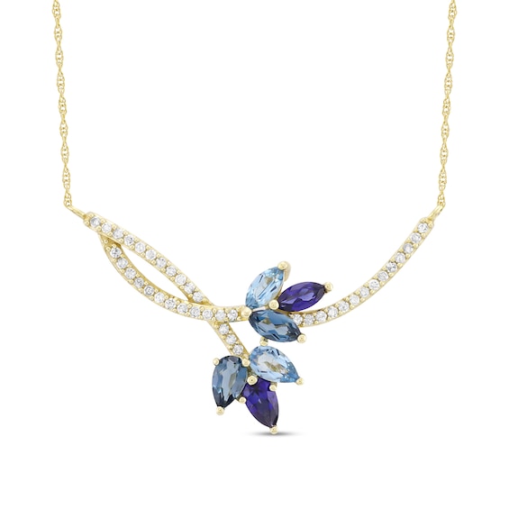 London and Swiss Blue Topaz, Ceylon Blue Lab-Created Sapphire and 1/5 CT. T.w. Diamond Leaf Branch Necklace in 10K Gold