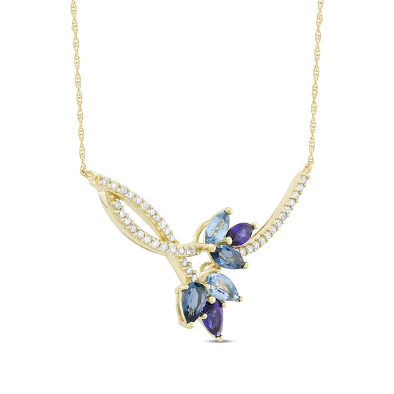 London and Swiss Blue Topaz, Ceylon Blue Lab-Created Sapphire and 1/5 CT. T.w. Diamond Leaf Branch Necklace in 10K Gold