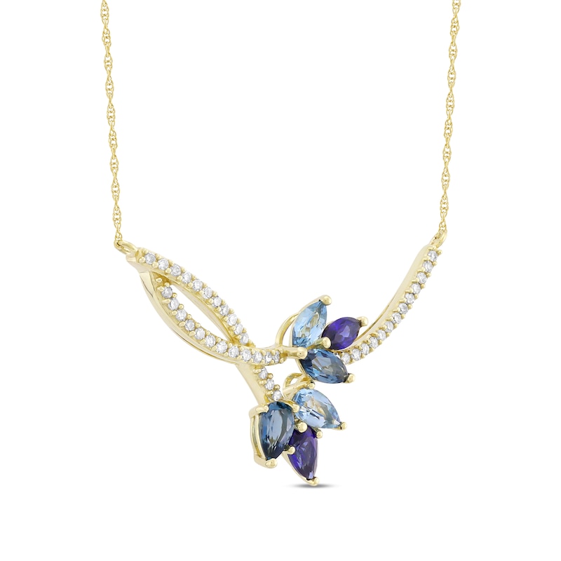 Main Image 2 of London and Swiss Blue Topaz, Ceylon Blue Lab-Created Sapphire and 1/5 CT. T.W. Diamond Leaf Branch Necklace in 10K Gold