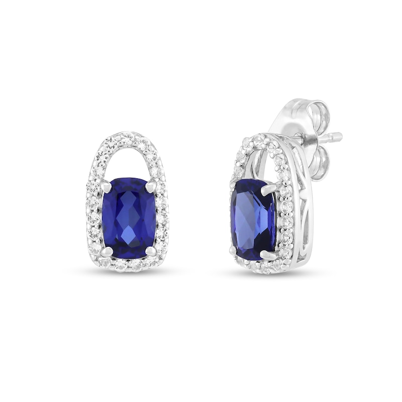 Main Image 1 of Elongated Cushion-Cut Blue and White Lab-Created Sapphire Open Frame Stud Earrings in Sterling Silver