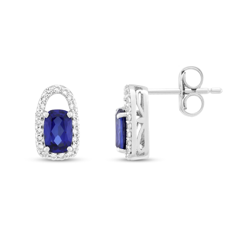 Main Image 2 of Elongated Cushion-Cut Blue and White Lab-Created Sapphire Open Frame Stud Earrings in Sterling Silver