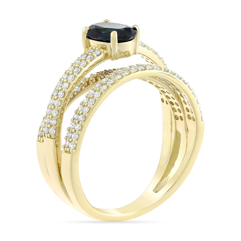 Main Image 2 of Oval Blue Sapphire and 5/8 CT. T.W. Diamond Double Row Crossover Orbit Ring in 10K Gold