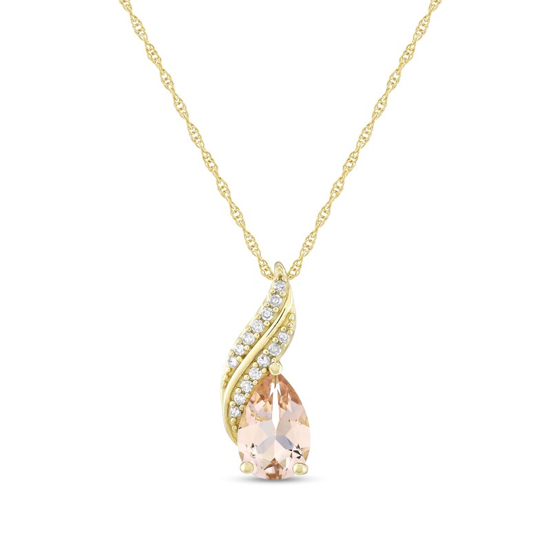 Main Image 1 of Pear-Shaped Morganite and 1/15 CT. T.W. Diamond Double Ribbon Drop Pendant in 10K Gold