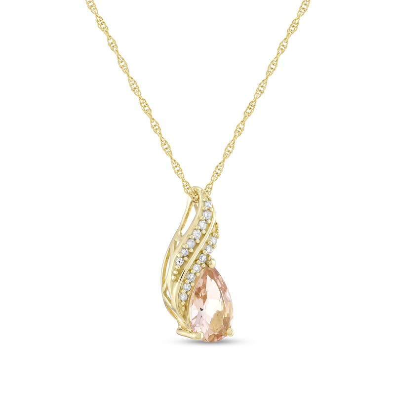 Main Image 2 of Pear-Shaped Morganite and 1/15 CT. T.W. Diamond Double Ribbon Drop Pendant in 10K Gold