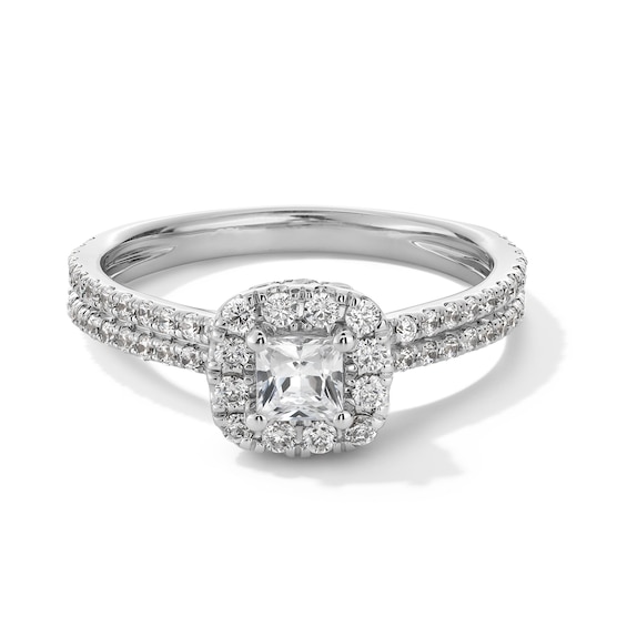 1 CT. T.w. Princess-Cut Diamond Cushion Frame Double Row Shank Engagement Ring in 14K White Gold