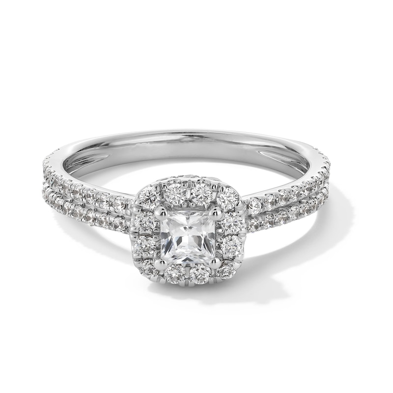 Main Image 1 of 1 CT. T.W. Princess-Cut Diamond Cushion Frame Double Row Shank Engagement Ring in 14K White Gold