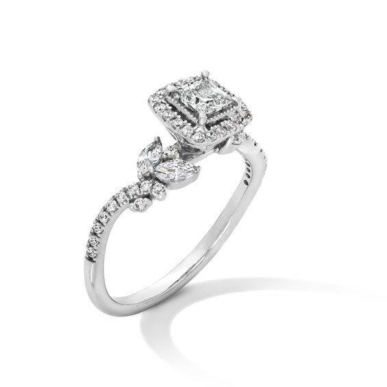 1 CT. T.w. Princess-Cut Diamond Frame Bypass Leaf Shank Engagement Ring in 14K White Gold