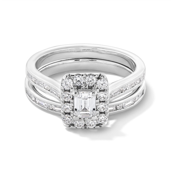 1 CT. T.w. Emerald-Cut Diamond Frame Alternating Shank Bridal Set in 14K White Gold