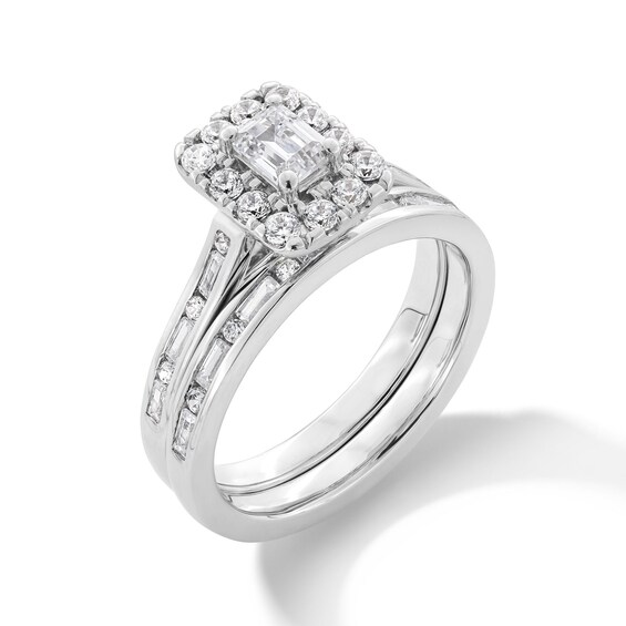 1 CT. T.w. Emerald-Cut Diamond Frame Alternating Shank Bridal Set in 14K White Gold