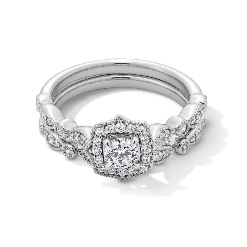 Main Image 1 of 5/8 CT. T.W. Diamond Quatrefoil Frame Art Deco Vintage-Style Bridal Set in 14K White Gold