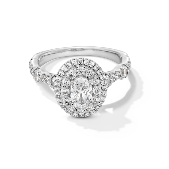 1-1/2 CT. T.w. Oval Diamond Double Frame Scallop Shank Engagement Ring in 14K White Gold