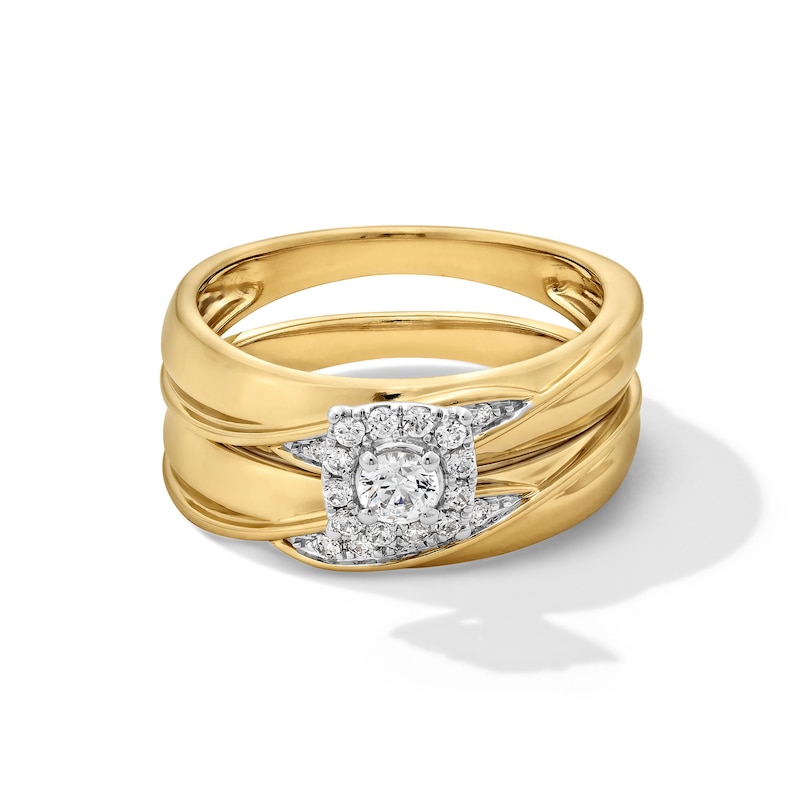 Main Image 1 of 3/8 CT. T.W. Diamond Cushion Frame Twist Wedding Ensemble in 10K Gold - Size 7 and 10