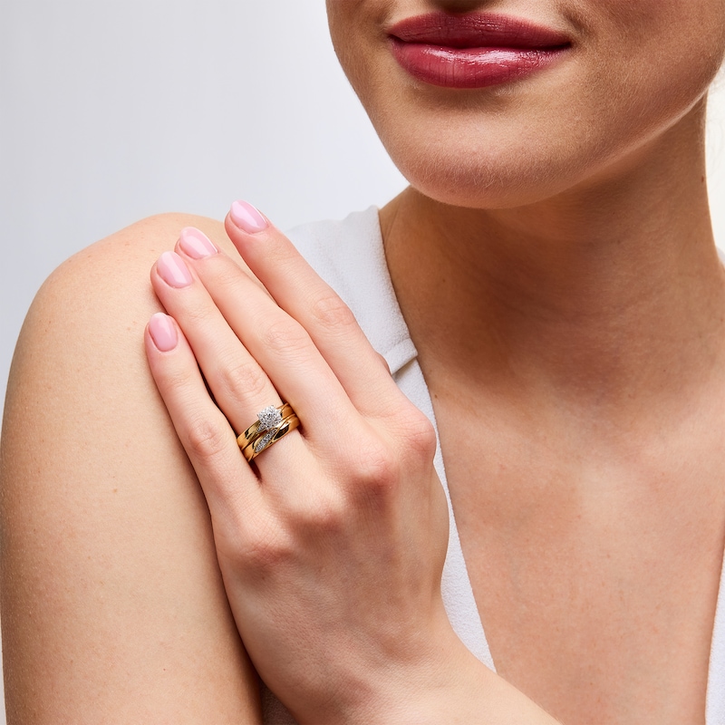 Main Image 2 of 3/8 CT. T.W. Diamond Cushion Frame Twist Wedding Ensemble in 10K Gold - Size 7 and 10