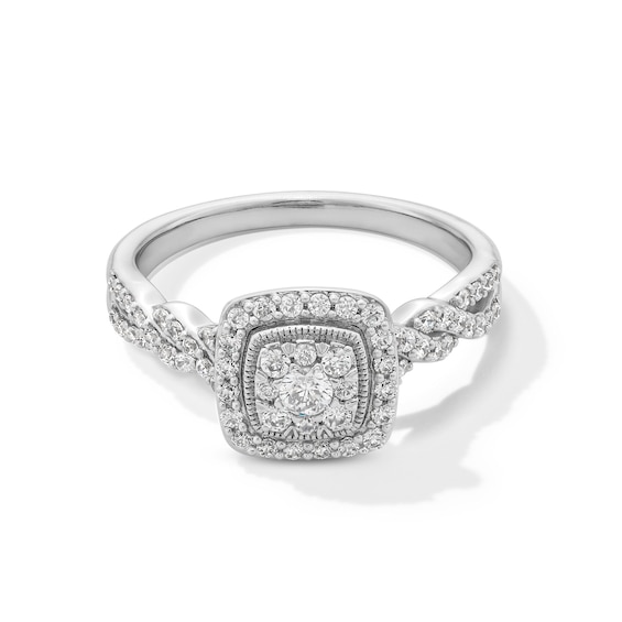 1/2 CT. T.w. Cushion-Shaped Multi-Diamond Frame Twist Shank Engagement Ring in 14K White Gold