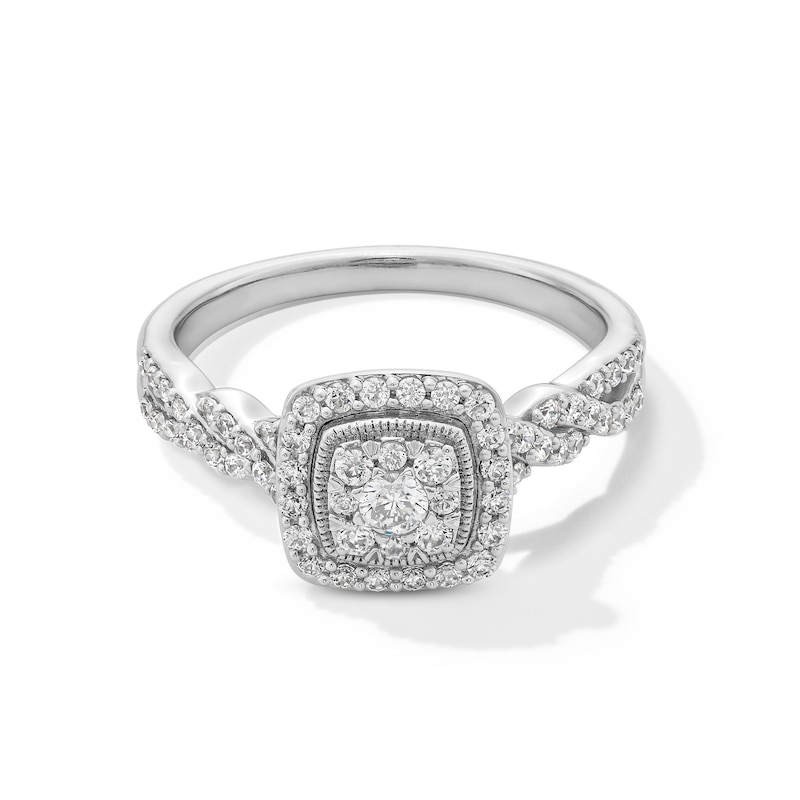 Main Image 1 of 1/2 CT. T.W. Cushion-Shaped Multi-Diamond Frame Twist Shank Engagement Ring in 14K White Gold
