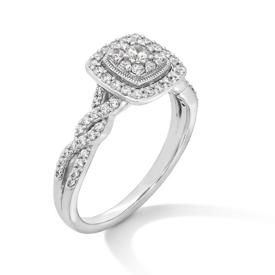 1/2 CT. T.w. Cushion-Shaped Multi-Diamond Frame Twist Shank Engagement Ring in 14K White Gold