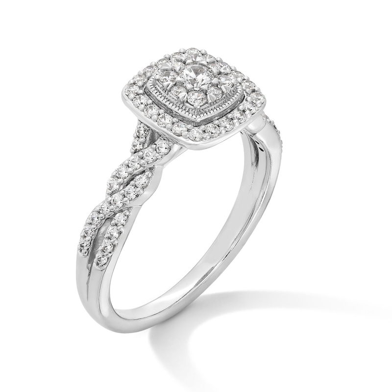 Main Image 3 of 1/2 CT. T.W. Cushion-Shaped Multi-Diamond Frame Twist Shank Engagement Ring in 14K White Gold