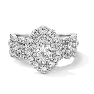 Vera Wang Love Collection 1-1/2 CT. T.W. Oval Diamond Double Frame Scallop Shank Bridal Set in 14K White Gold