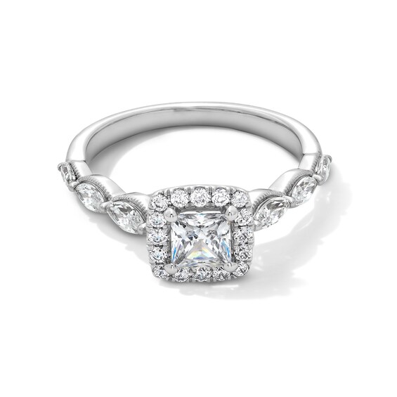 1-1/3 CT. T.w. Princess-Cut Diamond Cushion Frame Scallop Shank Vintage-Style Engagement Ring in 14K White Gold