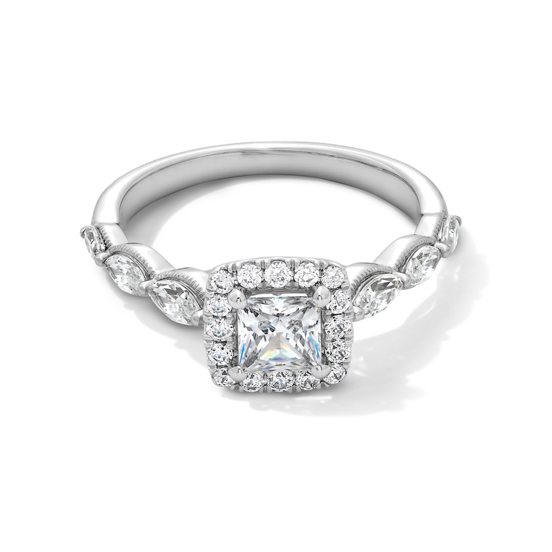 Main Image 1 of 1-1/3 CT. T.W. Princess-Cut Diamond Cushion Frame Scallop Shank Vintage-Style Engagement Ring in 14K White Gold