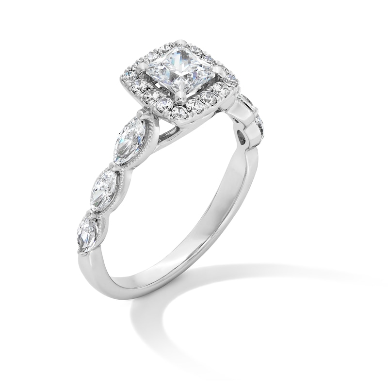 Main Image 3 of 1-1/3 CT. T.W. Princess-Cut Diamond Cushion Frame Scallop Shank Vintage-Style Engagement Ring in 14K White Gold